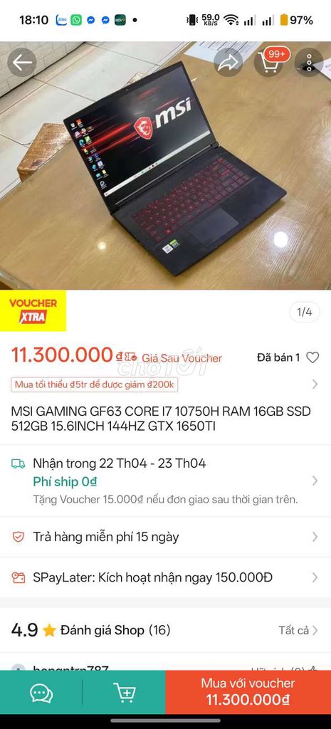 MSI GF63 i7-10750H 15.6 inch 8GB/512GB. Mua bán Laptop tại Quận 8 Tp Hồ Chí Minh được đăng bởi Lê Tuấn hình 1