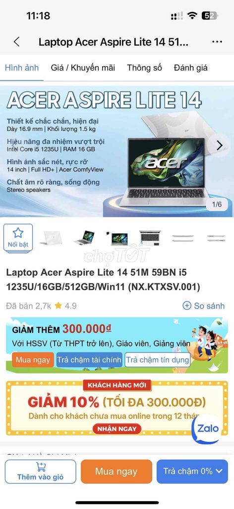 Acer Aspire Lite 14 mới 99,99% còn bảo hành TGDD. Mua bán Laptop tại Quận Ngũ Hành Sơn Đà Nẵng được đăng bởi Phan Tiến Hùng hình 6