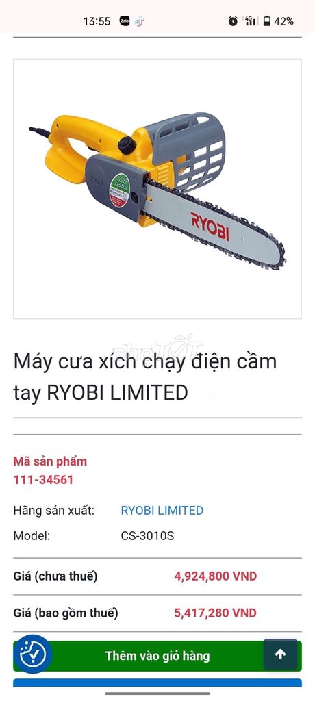 Máy cưa xích chạy điện cầm tay RYOBI