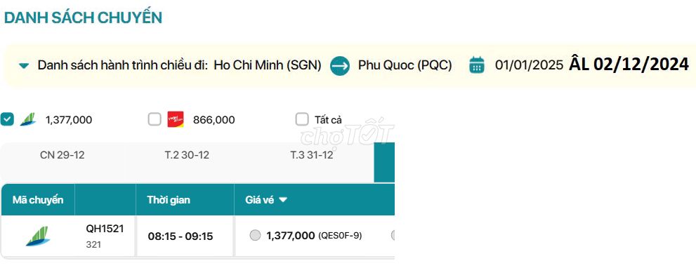 Hồ Chí Minh - Phú Quốc  01/01/2025 ÂL 02/12/2024