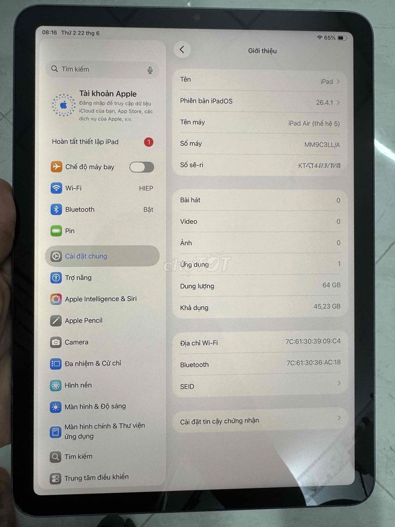 Apple iPad Air 5 64GB Xám. Mua bán Máy tính bảng tại Quận Tân Phú Tp Hồ Chí Minh được đăng bởi TRHIEP hình 1
