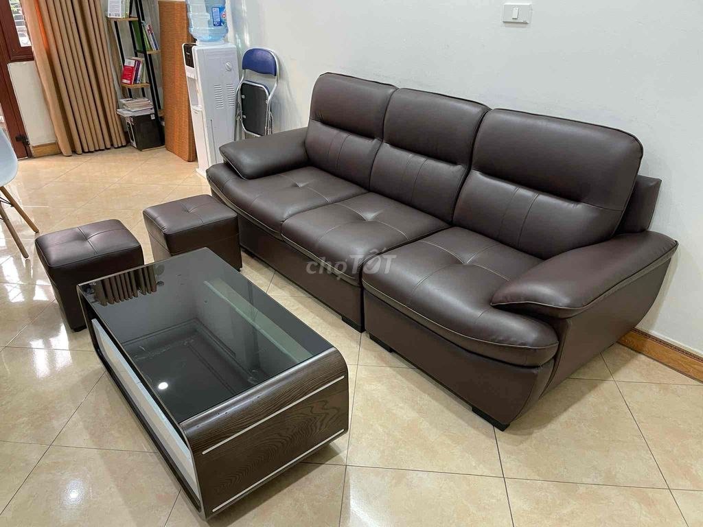 Bộ bàn ghế sofa góc bọc da màu nâu Hàn Quốc