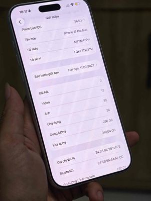 Apple iPhone 17 Pro Max 256GB Bạc 100%