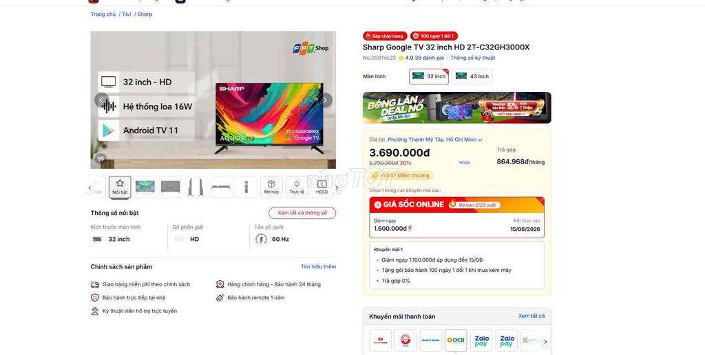 Tivi Sharp 2T-C32GH3000X HD Android TV 11. Mua bán Tivi, Âm thanh tại Quận Bình Thạnh Tp Hồ Chí Minh được đăng bởi Vũ Kim Hằng hình 1