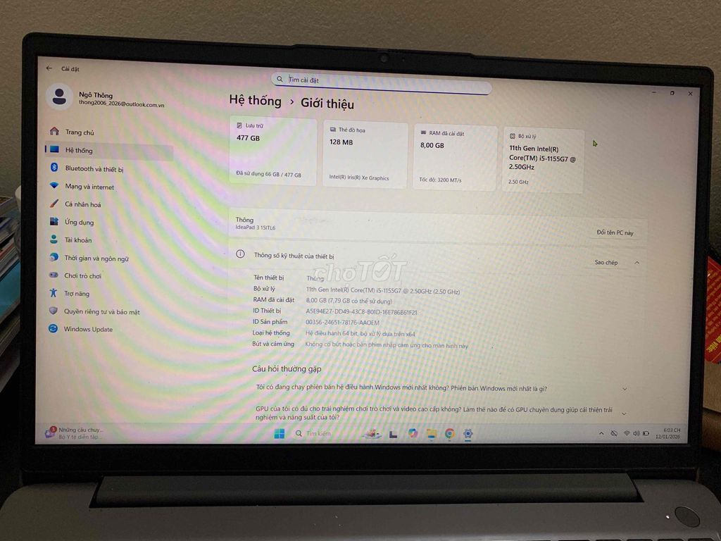 Lenovo Ideapad 3 i5 15 inch 8GB/500GB Đã sử dụng. Mua bán Laptop tại Quận Cẩm Lệ Đà Nẵng được đăng bởi Văn Minh hình 1