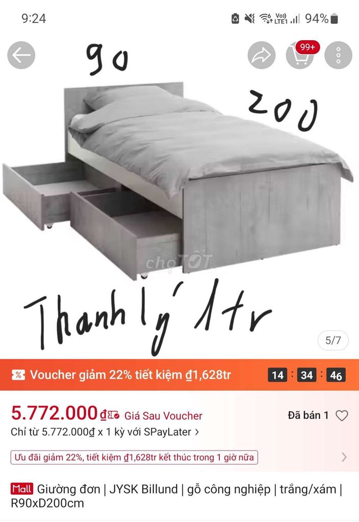 Giường gỗ JYSK Trắng/Xám 90x200cm. Mua bán Giường, chăn ga gối nệm tại Quận Cầu Giấy Hà Nội được đăng bởi Tran hình 1