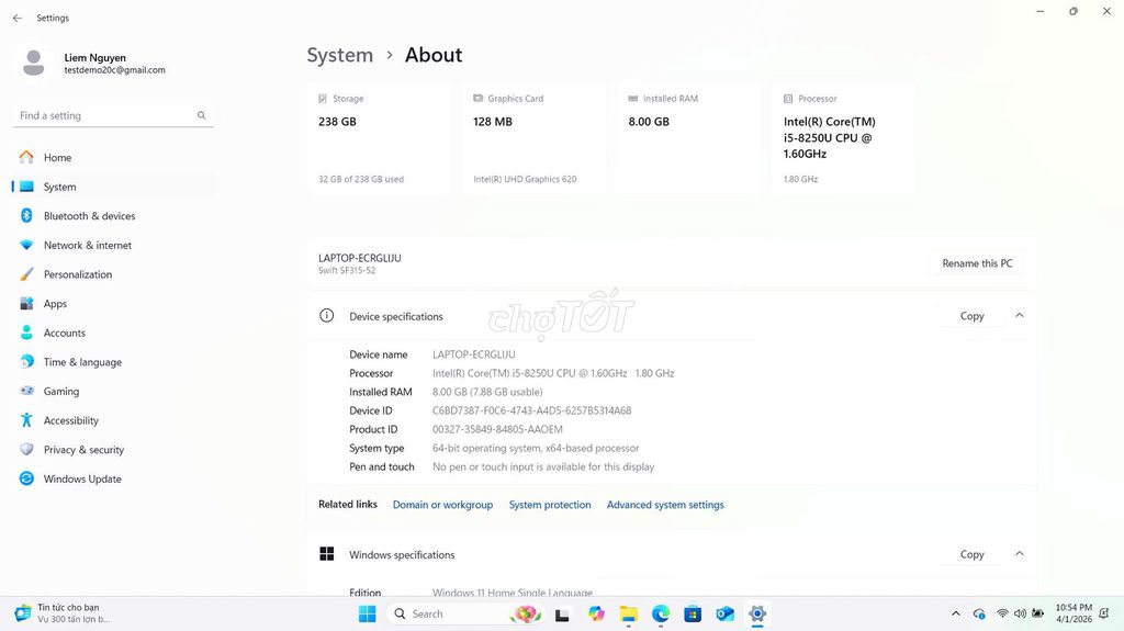 Acer Swift 3 i5-8250U 8GB/238GB. Mua bán Laptop tại Quận Bình Thạnh Tp Hồ Chí Minh được đăng bởi Nguyễn Văn Liêm hình 1