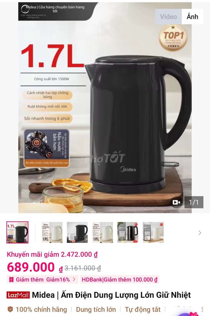 Ấm siêu tốc Midea 1.7L Đen. Mua bán Bếp, lò, đồ điện nhà bếp tại Huyện Thanh Trì Hà Nội được đăng bởi Nguyễn Thị Hạnh hình 1