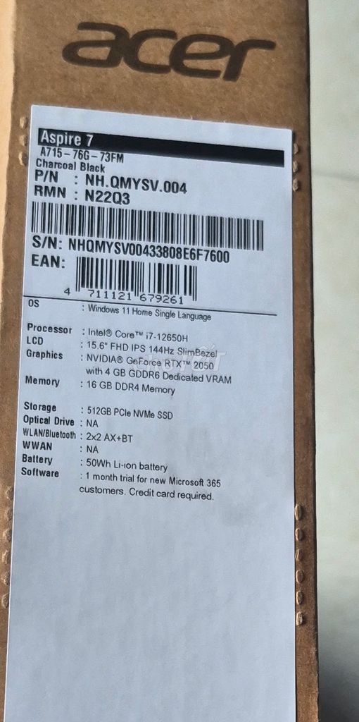 Acer Aspire 7 i7-12650H 15.6 inch 16GB/512GB. Mua bán Laptop tại Thành phố Cà Mau Cà Mau được đăng bởi Nguyễn Phú hình 1