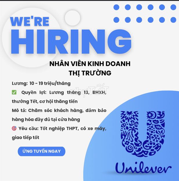 UNILEVER TUYỂN DỤNG KINH DOANH THỊ TRƯỜNG TẠP HÓA