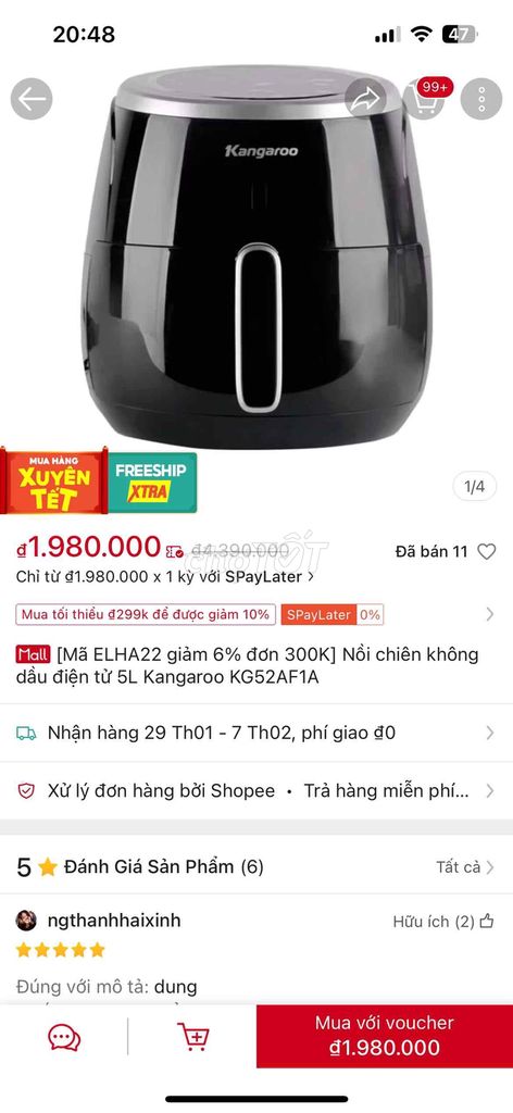 Nồi chiên không dầu 5L Kangaroo KG52AF1A (mới 100%