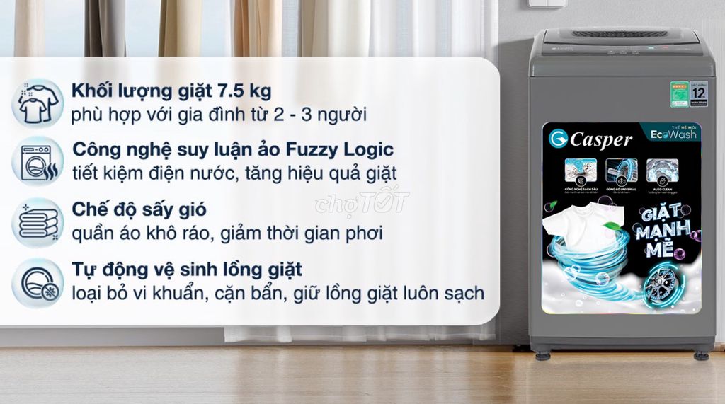 Máy giặt Casper 7.5 kg WT-75NG1 Bao công lắp