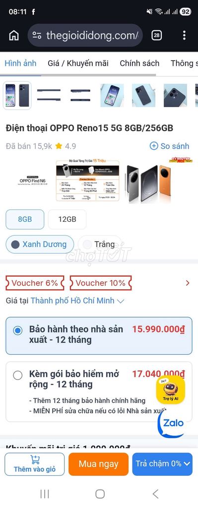 OPPO Reno15 5G 256GB Xanh Dương. Mua bán Điện thoại tại Quận Cầu Giấy Hà Nội được đăng bởi Anh hình 1