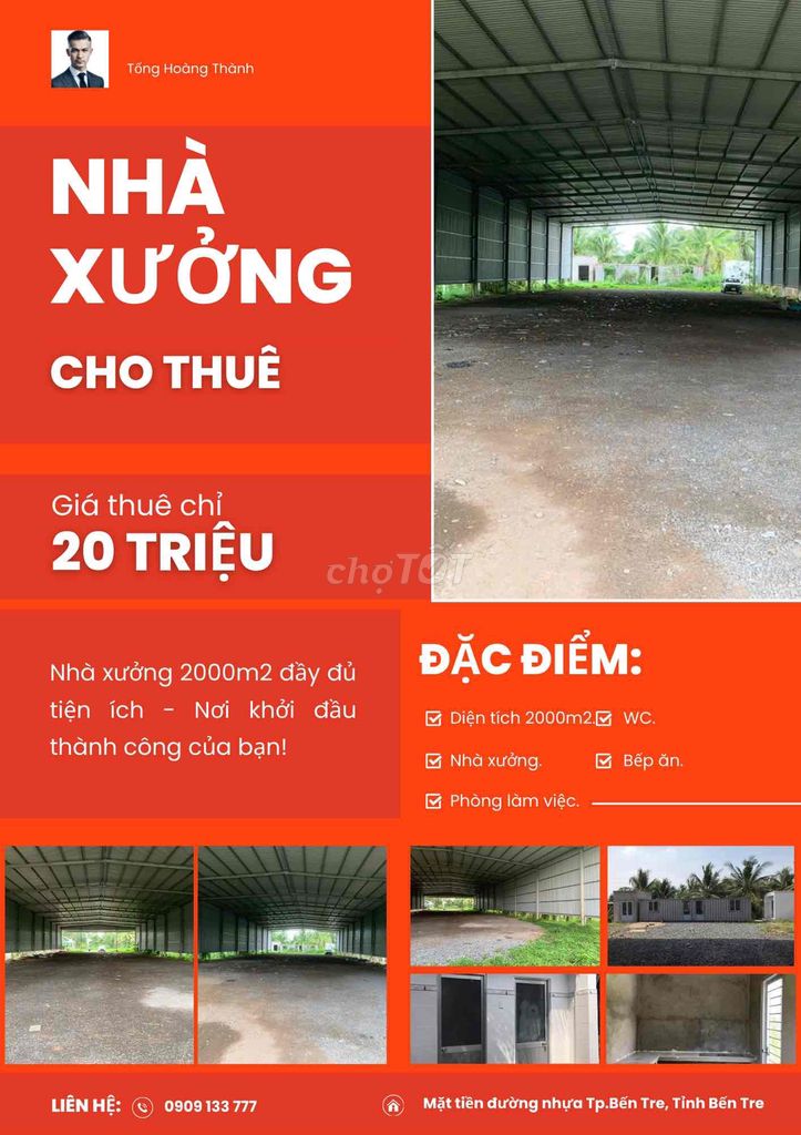 CHO THUÊ NHÀ XƯỞNG 2000M2 MẶT TIỀN ĐƯỜNG NHỰA, TP.BẾN TRE