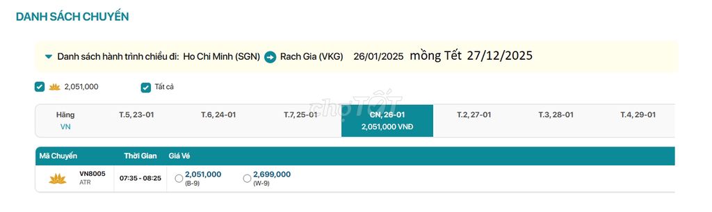 Hồ Chí Minh-Rạch Giá 26/01/2025mồng Têt 27/12/2025