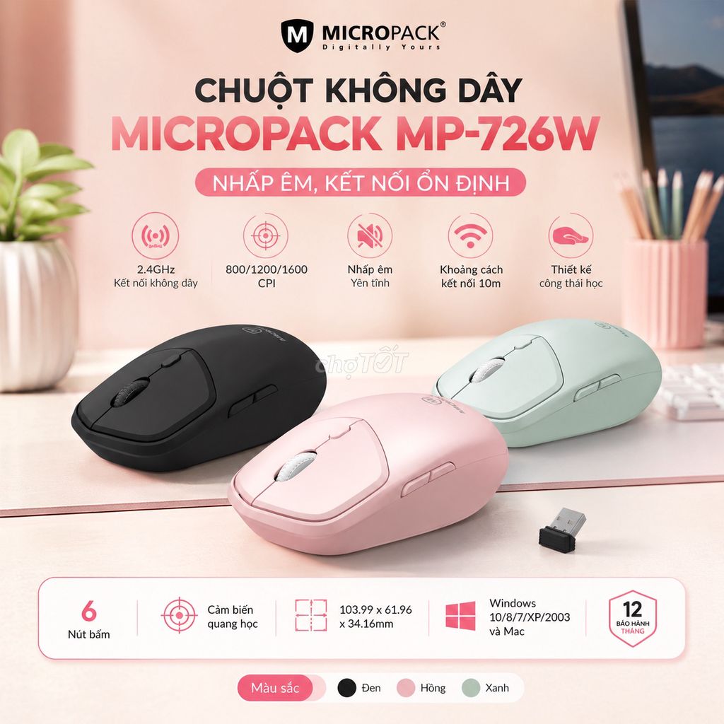 Chuột không dây MICROPACK MP-726W Đen, Hồng, Xanh. Mua bán Phụ kiện (Màn hình, Chuột...) tại Huyện Đông Anh Hà Nội được đăng bởi Hoang Phuong hình 1