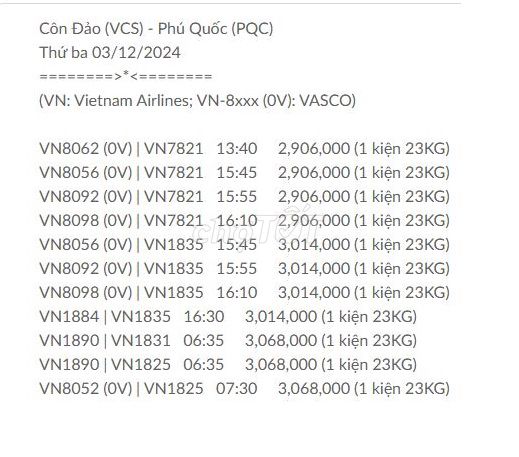 Côn Đảo (VCS) - Phú Quốc (PQC) Thứ ba 03/12/2024