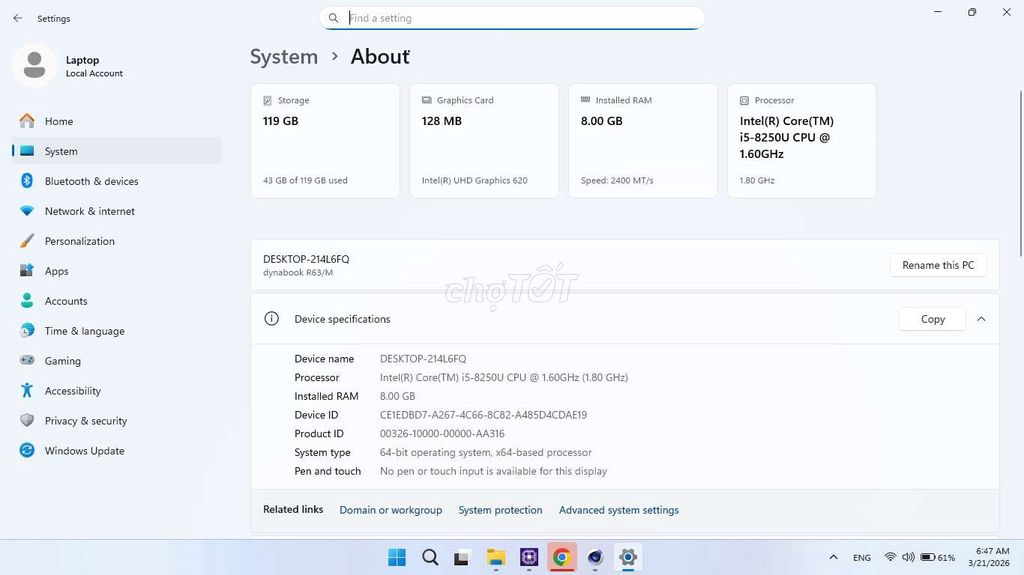 Toshiba Dynabook R63/M i5-8250U 8GB/128GB. Mua bán Laptop tại Quận Bình Tân Tp Hồ Chí Minh được đăng bởi Ngô Đại Dương hình 1