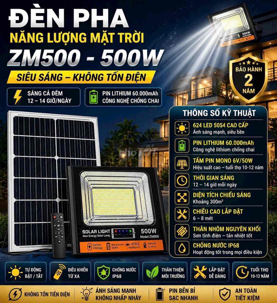 Đèn pha năng lượng mặt trời ZM500 500W. Mua bán Đèn tại Quận Ninh Kiều Cần Thơ được đăng bởi Nhật Trí hình 1