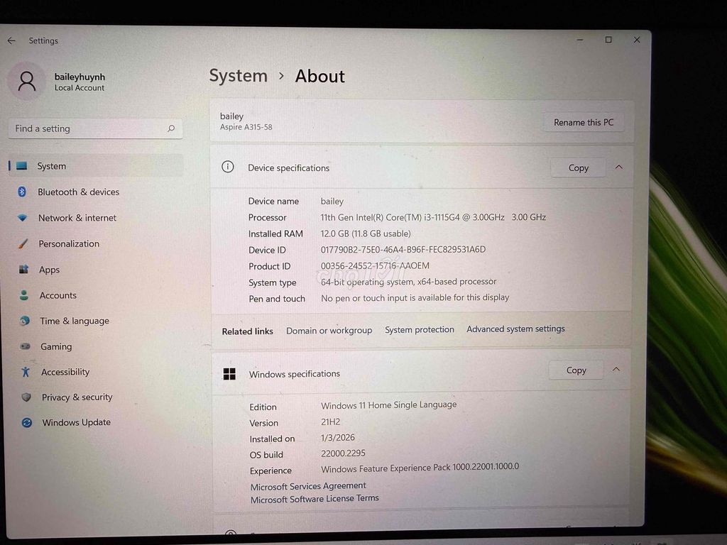 laptop Acer Aspire3 i3-1115 ram 12 còn mới. Mua bán Laptop tại Quận Bình Tân Tp Hồ Chí Minh được đăng bởi Ba Tuong hình 1
