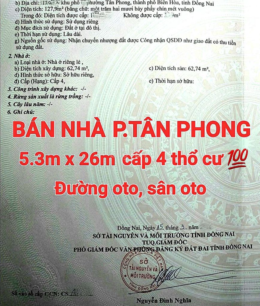 BÁN RẺ NHÀ TÂN PHONG GẦN CHỢ, NHÀ THỜ XUÂN HÒA, SỔ HỒNG THỔ CƯ SÂN OTO