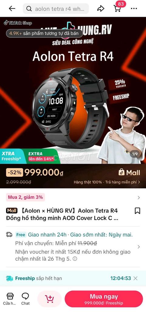 Aolon Tetra R4 Đen. Mua bán Thiết bị đeo thông minh tại Quận 8 Tp Hồ Chí Minh được đăng bởi Bảo Khang hình 1