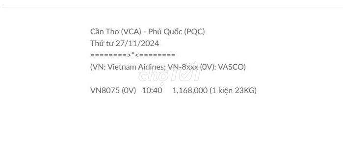 Cần Thơ (VCA) - Phú Quốc (PQC) Thứ tư 27/11/2024