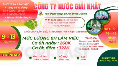 🔥CTY NƯỚC GIẢI KHÁT - ĐC ỨNG LƯƠNG TUẦN - 10-13TR🔥