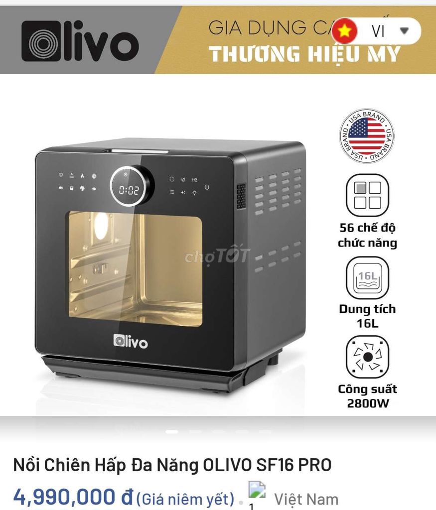 Nồi chiên hấp Olivo SF16 Pro Đen. Mua bán Bếp, lò, đồ điện nhà bếp tại Thành phố Thủ Đức Tp Hồ Chí Minh được đăng bởi bluesea hình 1