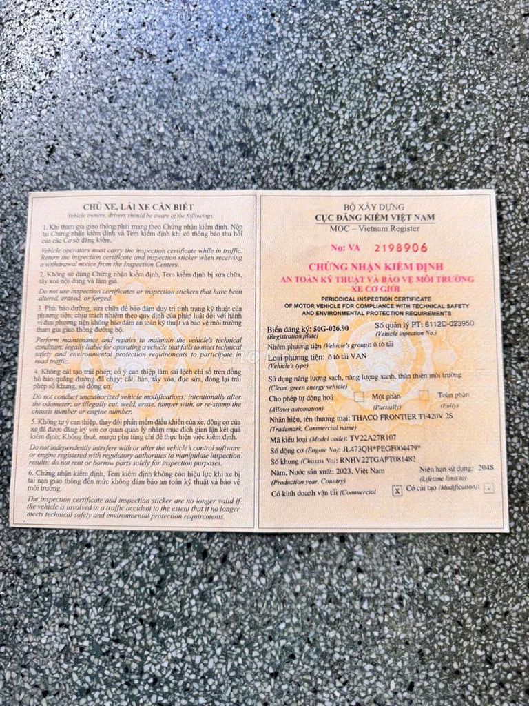 Thaco Frontier TF420V 2023 950kg. Mua bán Xe tải, xe ben tại Quận Bình Tân Tp Hồ Chí Minh được đăng bởi thành tâm  hình 10