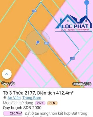 Đất 2 mặt tiền đường Trần Vĩnh Lộc An Viễn Trảng bom 412m2 giá 4,7 tỷ