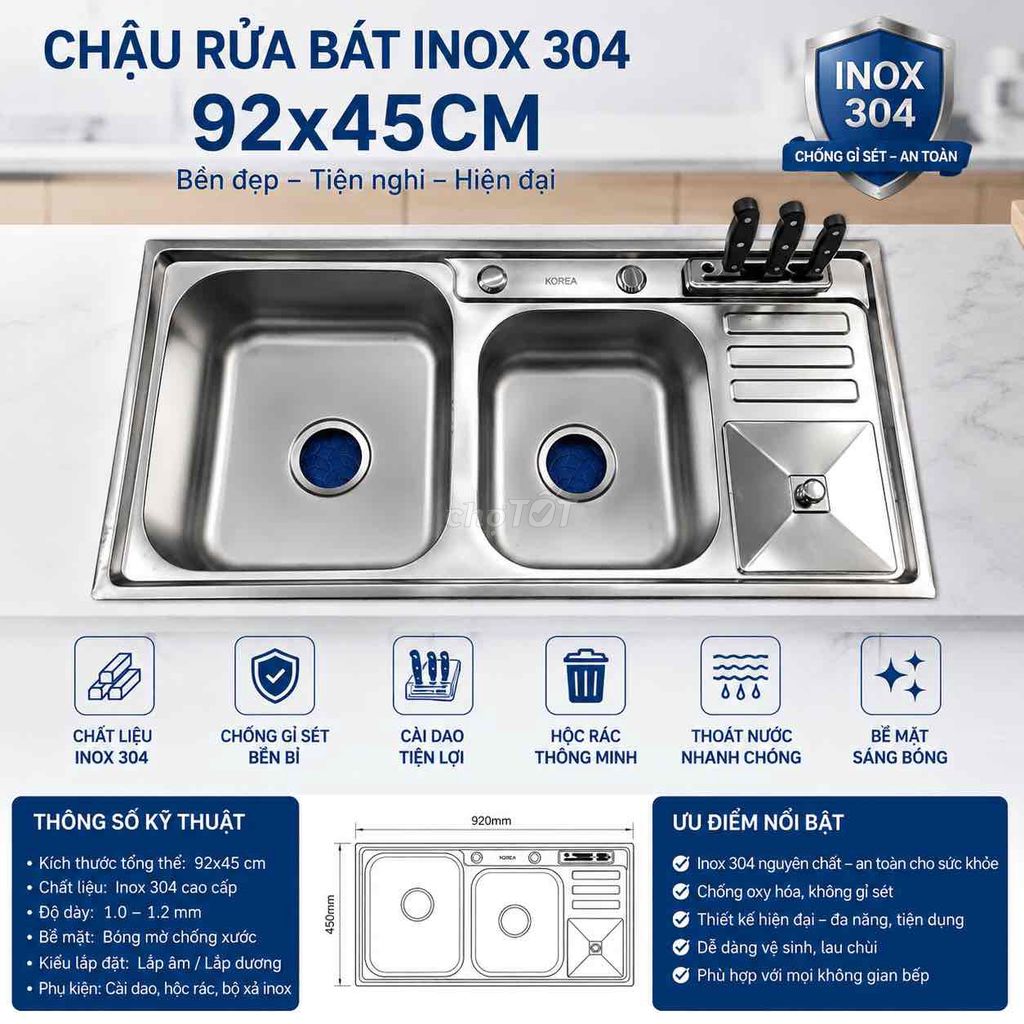 Chậu rửa bát Inox 304 92x45cm 2 hộc + 1 hố rác. Mua bán Thiết bị vệ sinh, nhà tắm tại Quận Tây Hồ Hà Nội được đăng bởi Phương ly hình 1