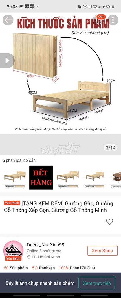 Thanh lý giường gỗ thông 80×190cm gấp gọn được