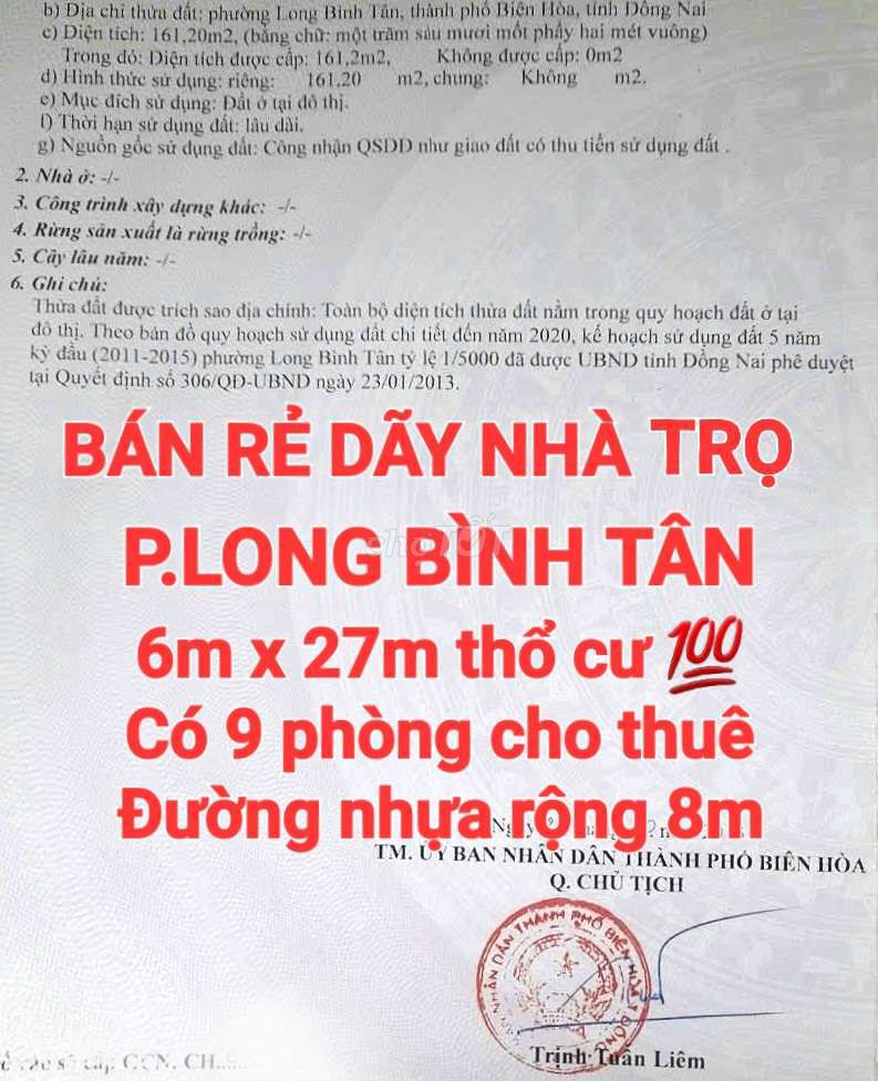 BÁN RẺ NHÀ TRỌ LONG BÌNH TÂN, SỔ HỒNG THỔ CƯ, ĐƯỜNG RỘNG 8m GẦN ĐH MỞ