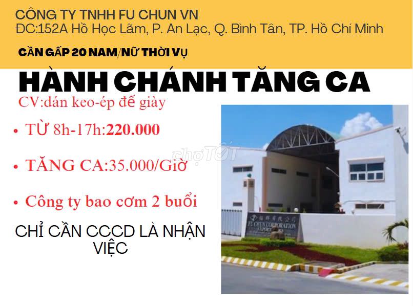 CẦN GẤP 20 THỜI VỤ HÀNH CHÁNH TĂNG CA