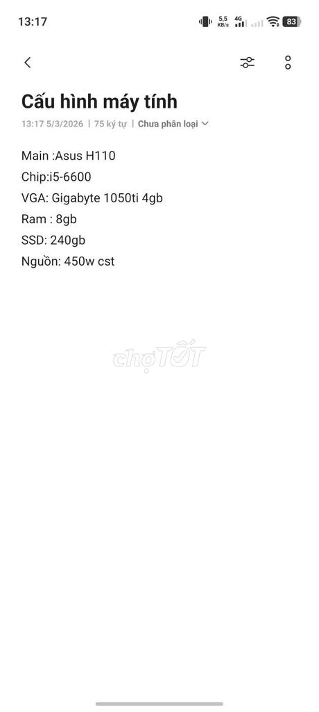 Máy tính để bàn i5-6600 8GB/240GB. Mua bán Máy tính để bàn tại Huyện Nghĩa Hưng Nam Định được đăng bởi Béo hình 1