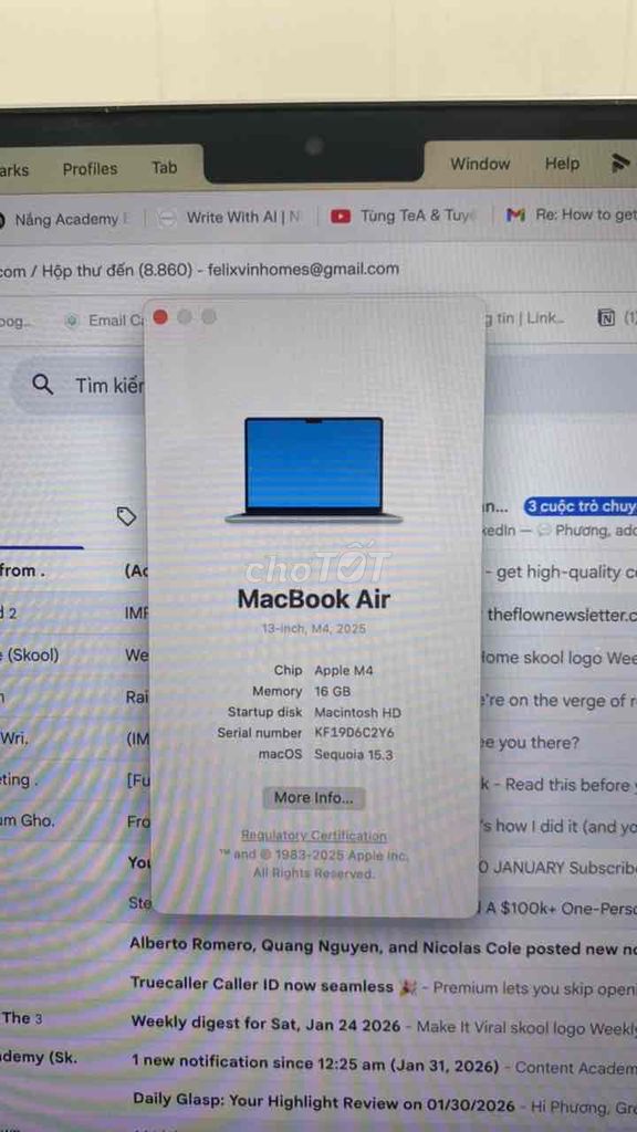 Apple MacBook Air M4 16GB Bạc. Mua bán Laptop tại Thành phố Thủ Đức Tp Hồ Chí Minh được đăng bởi Tien phuong hình 1