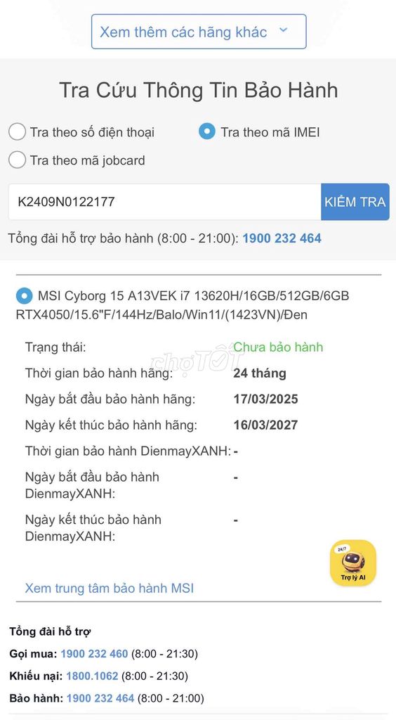 MSI Cyborg 2025 I7 13620H RTX 4050 6GB BH 03/2027. Mua bán Laptop tại Quận Hoàng Mai Hà Nội được đăng bởi Hoàng Bách Computer hình 1