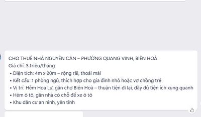 CHO THUÊ NHÀ PHƯỜNG QUANG VINH GIÁ 3 TRIỆU. Cho thuê nhà ở tại Thành phố Biên Hòa Đồng Nai được đăng bởi Minh Trâm