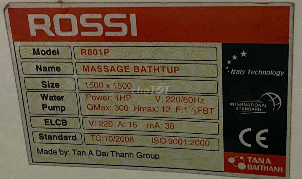 Bồn tắm massage Rossi R801P. Mua bán Thiết bị vệ sinh, nhà tắm tại Quận Đống Đa Hà Nội được đăng bởi TMT hình 1