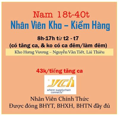 5 NAM Nhân Viên Kho - Nguyễn Văn Tiết,Lái Thiêu. Việc làm tại Thành phố Thuận An Bình Dương được đăng bởi YCH Protrade hình 1