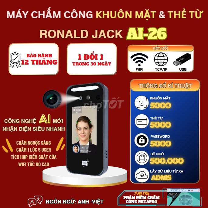 Máy chấm công khuôn mặt & thẻ từ Ronald Jack AI26