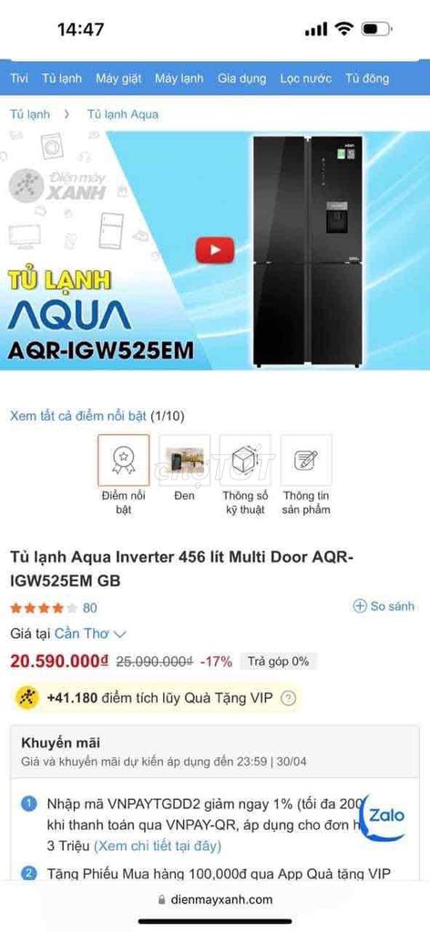 Tủ lạnh Aqua Inverter 456 lít Multi Door AQR-IGW52