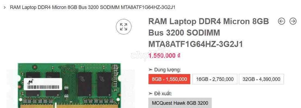 RAM Micron 8GB DDR4 3200MHz. Mua bán Linh kiện (RAM, Card...) tại Thành phố Vĩnh Yên Vĩnh Phúc được đăng bởi Nam Per hình 1