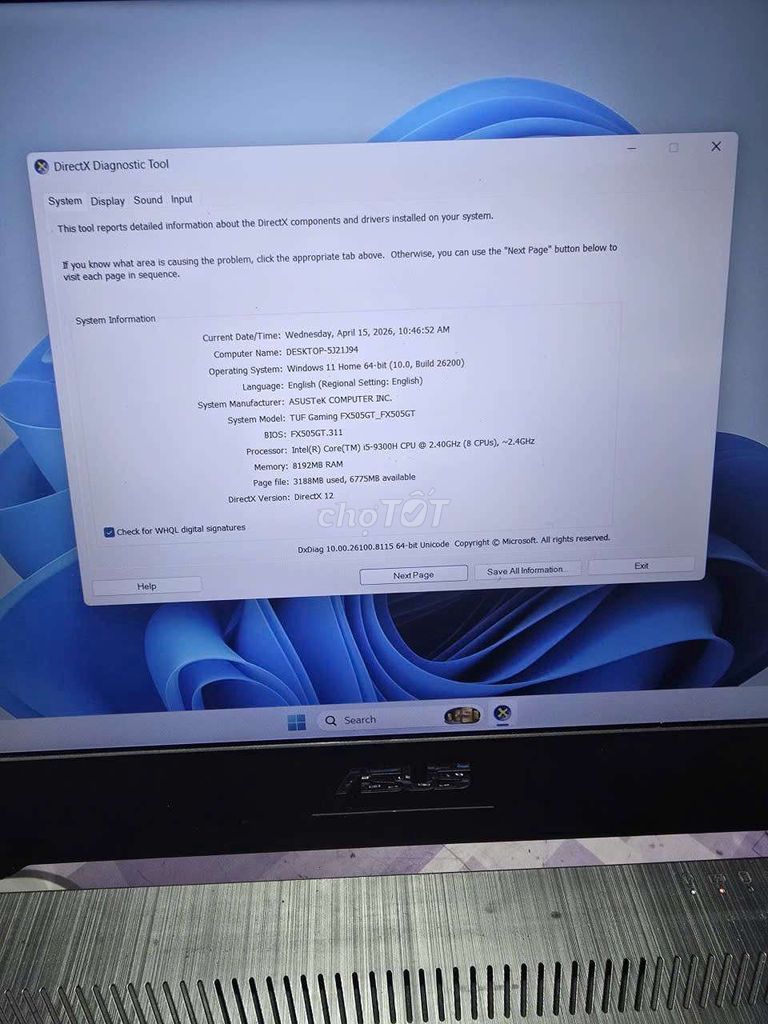 TUF Gaming Fx505GT i5 9300H 15.6 inch 8GB/512GB. Mua bán Laptop tại Thành phố Thủ Đức Tp Hồ Chí Minh được đăng bởi Văn Ngà hình 1