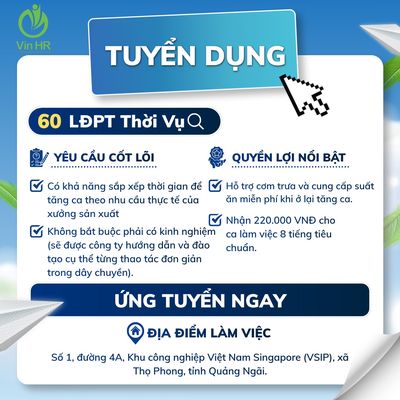 Vin HR tuyển Thời vụ vsip Quảng Ngãi