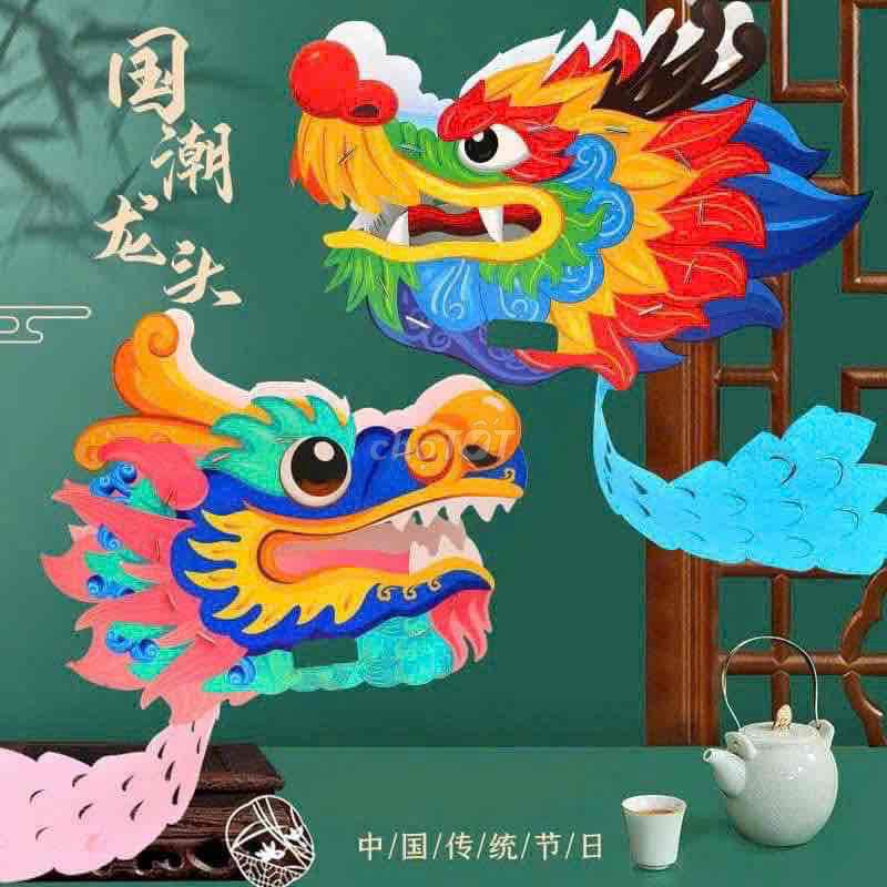 Đầu lân rồng Trung Thu nhiều màu 45x33cm