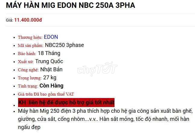 Máy hàn MIG EDON NBC 250 3PHA. Mua bán Đồ chuyên dụng, Giống nuôi trồng tại Thành phố Thuận An Bình Dương được đăng bởi Máy Móc 24H hình 1