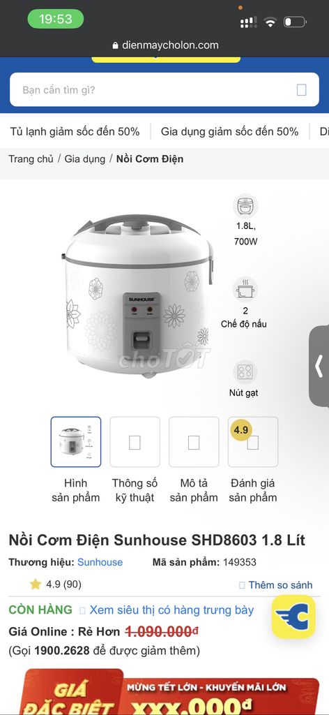 Nồi cơm điện Sunhouse SHD8603 1.8 Lít. Mua bán Bếp, lò, đồ điện nhà bếp tại Quận Bình Tân Tp Hồ Chí Minh được đăng bởi Tram Le hình 1