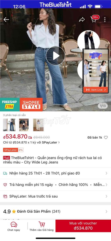 TheBlueTshirt - Quần jeans ống rộng nữ rách tua la